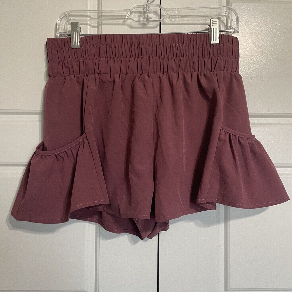 NWT BMJL Flowy Running Shorts Ruffle Hem Elastic Waist Pockets Mauve Size L - Picture 7 of 7